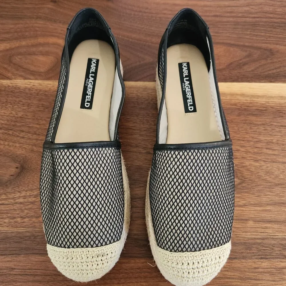 Karl Lagerfeld Paris Adila Mesh Slip On Espadrille Platform Leather Black Shoe 8